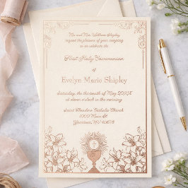Invitación Con Relieve Metalizado Rose Gold Chalice First Communion Elegance