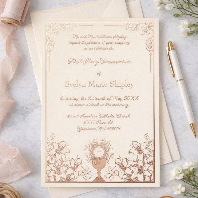 Invitación Con Relieve Metalizado Rose Gold Chalice First Communion Elegance (Subido por el creador)