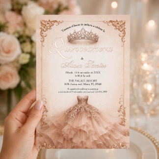 Invitación Con Relieve Metalizado Rose Gold Crown and Ball Gown Spanish Quinceañera 