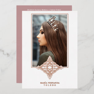 Invitación Con Relieve Metalizado Rose Gold Encaje Español Real Metálico Mis Quince