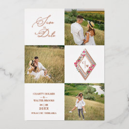 Invitación Con Relieve Metalizado Rose Gold Fancy Modern Collage 3 Photos Wedding