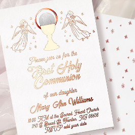 Invitación Con Relieve Metalizado rose gold foil angels First Communion