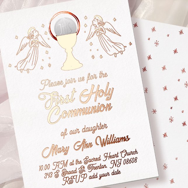 Invitación Con Relieve Metalizado rose gold foil angels  First Communion (Subido por el creador)