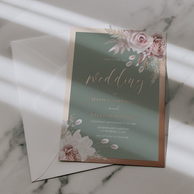 Invitación Con Relieve Metalizado Rose Gold Foil Border Blush & Sage Floral Wedding  (Subido por el creador)