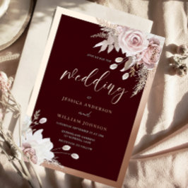 Invitación Con Relieve Metalizado Rose Gold Foil Burgundy Blush Floral Wedding