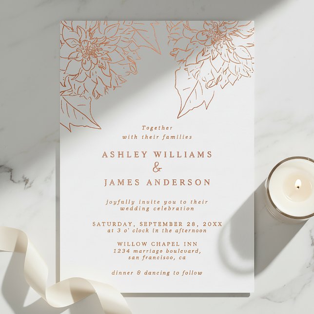 Invitación Con Relieve Metalizado Rose Gold Foil Dahlia Floral Elegant Wedding (Subido por el creador)