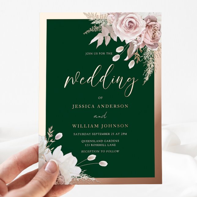 Invitación Con Relieve Metalizado Rose Gold Foil Emerald & Blush Floral Wedding (Subido por el creador)