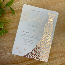 Invitación Con Relieve Metalizado Rose Gold Foil Heart Dress Butterfly Bridal Shower