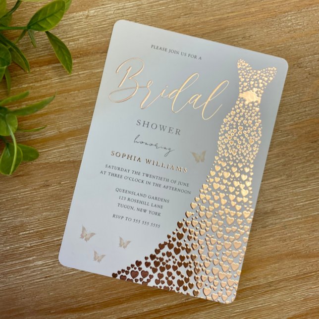 Invitación Con Relieve Metalizado Rose Gold Foil Heart Dress Butterfly Bridal Shower (Subido por el creador)