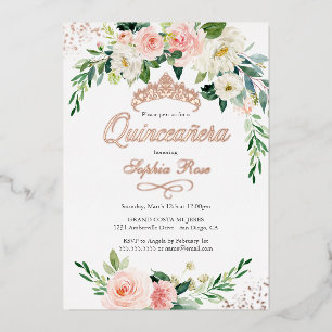 Invitación Con Relieve Metalizado ROSE GOLD FOIL Rosa Floral Quinceañera