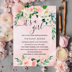Invitación Con Relieve Metalizado ROSE GOLD FOIL Rosa Rubor Floral Baby Shower