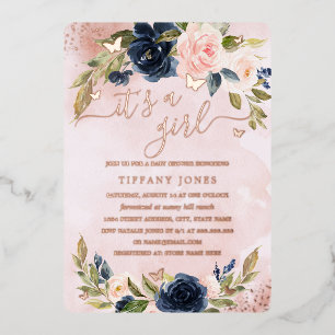 Invitación Con Relieve Metalizado ROSE GOLD HOJALATA Azul Rosa Floral Baby Shower