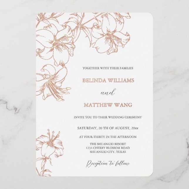 Invitación Con Relieve Metalizado Rose Gold Line Art Lilies Wedding (Anverso)
