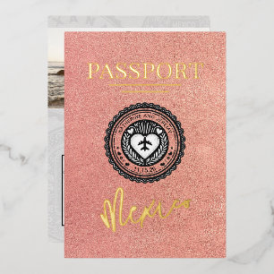 Invitación Con Relieve Metalizado Rose Gold México Pasaporte Boda