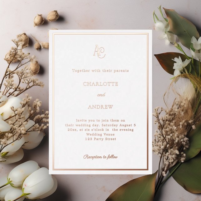 Invitación Con Relieve Metalizado Rose gold modern monogram luxury wedding (Subido por el creador)