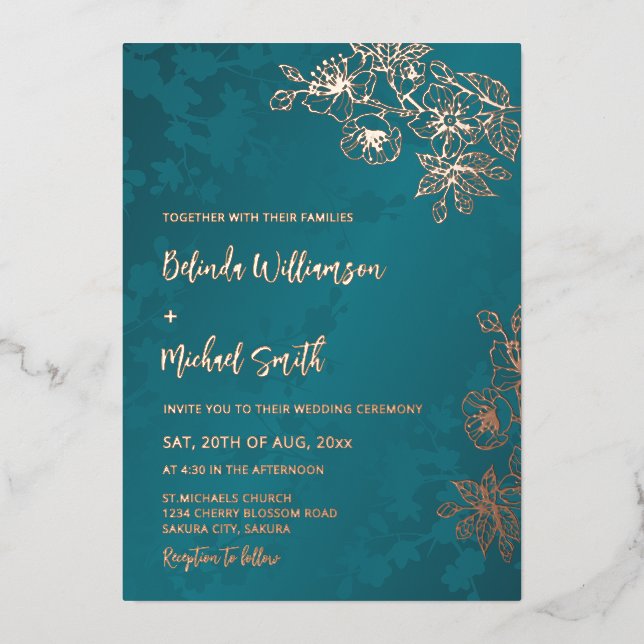 Invitación Con Relieve Metalizado Rose Gold Peacock Green Floral Wedding (Anverso)