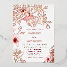Invitación Con Relieve Metalizado Rose Gold Pink Cherry Blossom | Photo Wedding