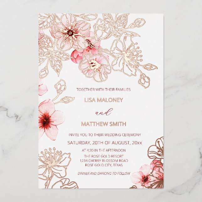 Invitación Con Relieve Metalizado Rose Gold Pink Cherry Blossom | Photo Wedding (Anverso)