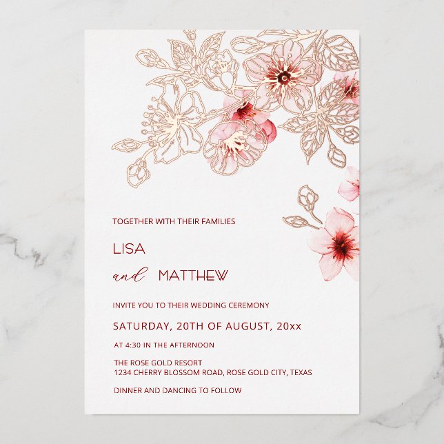 Invitación Con Relieve Metalizado Rose Gold  Pink Cherry Blossom Wedding (Anverso)