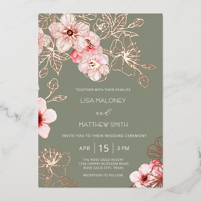 Invitación Con Relieve Metalizado Rose Gold  Pink Cherry Blossom Wedding (Anverso)
