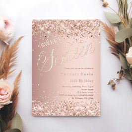 Invitación Con Relieve Metalizado Rose gold script modern Sweet 16