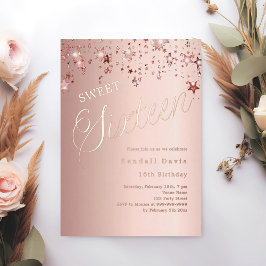 Invitación Con Relieve Metalizado Rose gold script stars modern Sweet 16