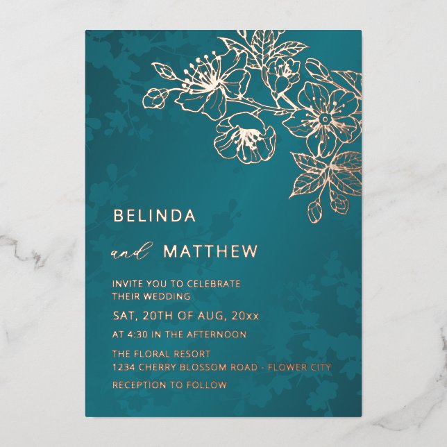 Invitación Con Relieve Metalizado Rose Gold Teal Floral Wedding (Anverso)