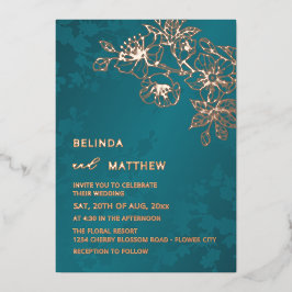 Invitación Con Relieve Metalizado Rose Gold Teal Floral Wedding