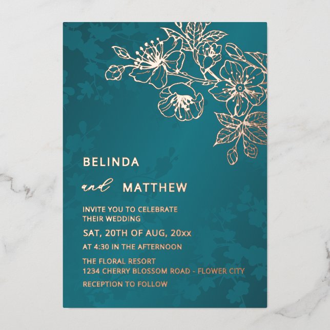 Invitación Con Relieve Metalizado Rose Gold Teal Floral Wedding (Anverso)