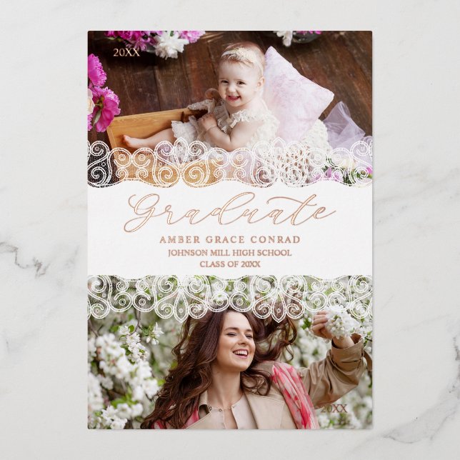 Invitación Con Relieve Metalizado Rose Gold Then & Now Chic Lace Romantic Graduate (Anverso)