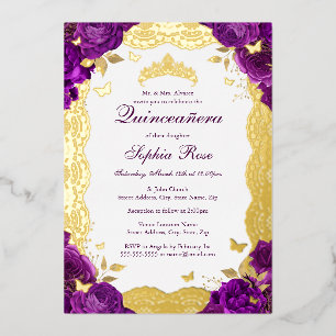 Invitación Con Relieve Metalizado Rose Lace Butterfly Purple Quinceanera Cumpleaños
