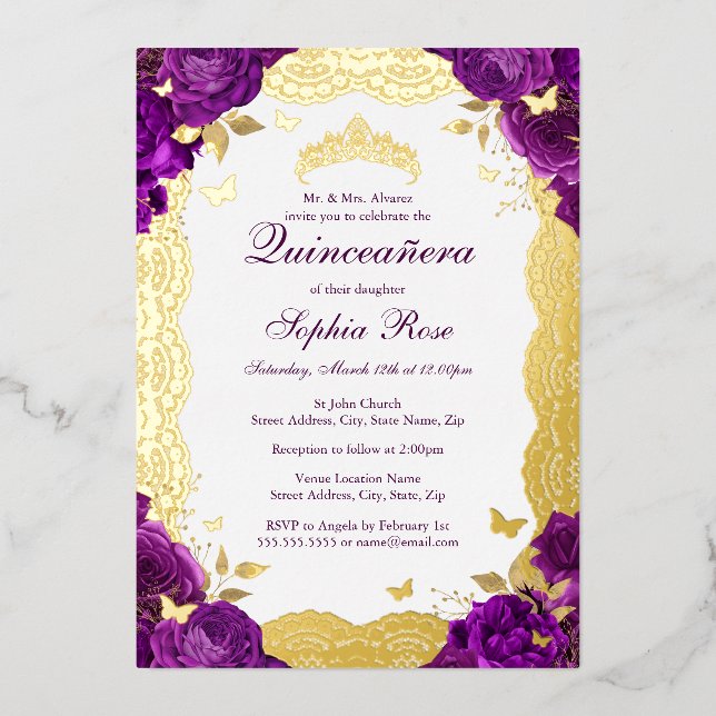 Invitación Con Relieve Metalizado Rose Lace Butterfly Purple Quinceanera Cumpleaños (Anverso)