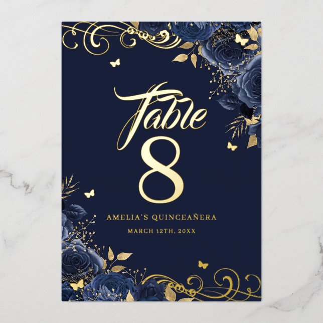 Invitación Con Relieve Metalizado Rose Swirl Navy Quinceanera Gold Table Number  (Anverso)