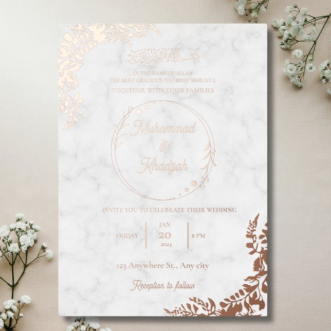 Invitación Con Relieve Metalizado RoseGold deja a Boda musulmana de mármol blanco (Subido por el creador)