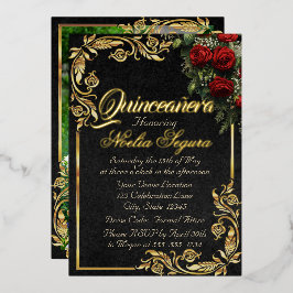 Invitación Con Relieve Metalizado Roses, Photo & Gold Frame - Black Quinceanera 