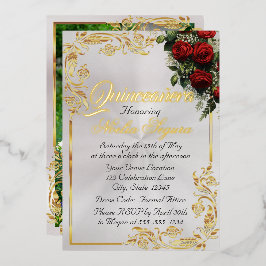 Invitación Con Relieve Metalizado Roses, Photo & Gold Frame - Pearl Quinceanera 