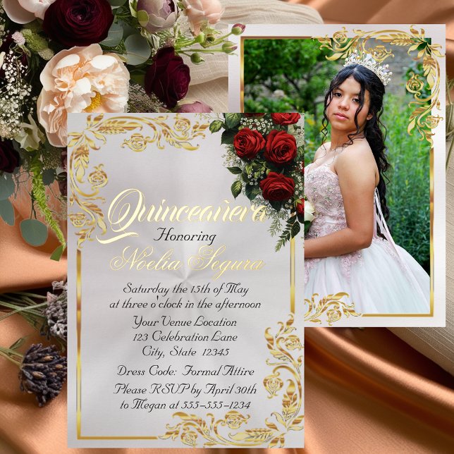 Invitación Con Relieve Metalizado Roses, Photo & Gold Frame - Pearl Quinceanera  (Subido por el creador)