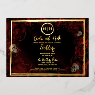 Invitación Con Relieve Metalizado Roses Rojos Skulls Boda floral oscuro foto de oro