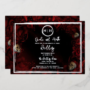 Invitación Con Relieve Metalizado Roses Rojos Skulls Boda floral oscuro foto plata