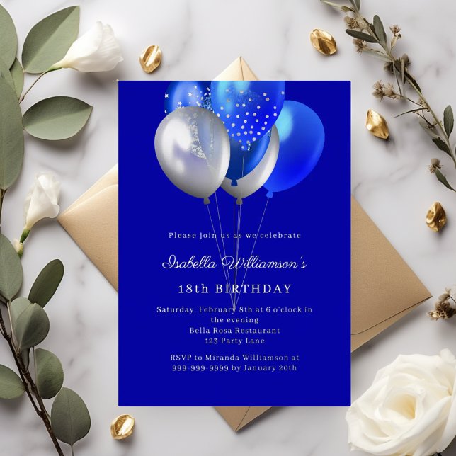 Invitación Con Relieve Metalizado Royal blue balloons birthday silver (Subido por el creador)