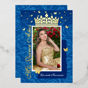 Invitación Con Relieve Metalizado Royal Blue Elegant Photo Quinceañera Gold