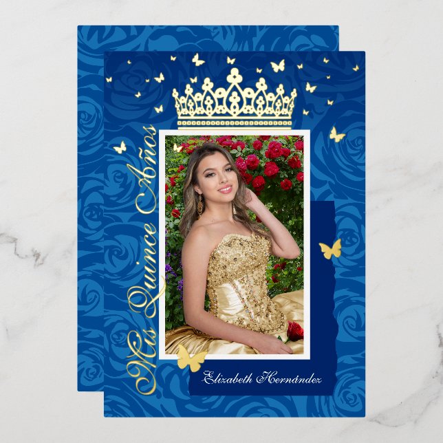 Invitación Con Relieve Metalizado Royal Blue Elegant Photo Quinceañera Gold (Anverso/Reverso)