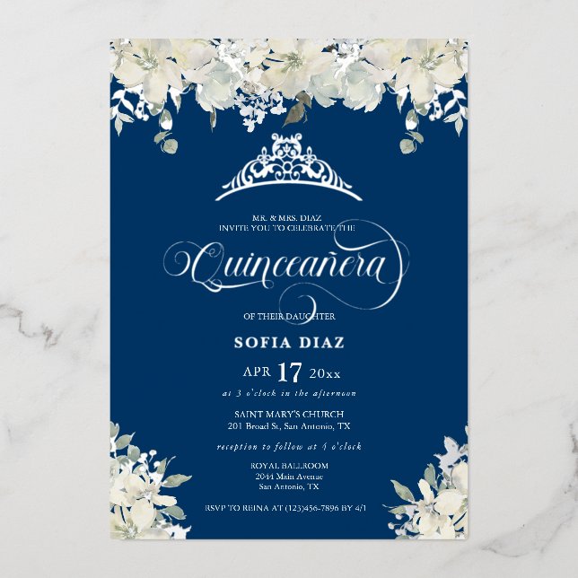 Invitación Con Relieve Metalizado Royal Blue Quinceañera Floral Gold (Anverso)