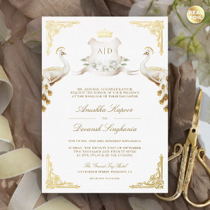 Invitación Con Relieve Metalizado Royal Crest Indian White Peacock Bodas Gold