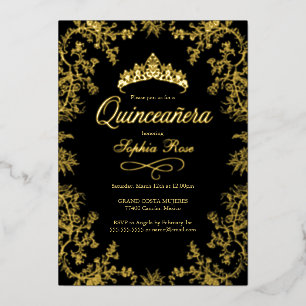 Invitación Con Relieve Metalizado Royal Gold Corona Negra Floral Quinceañera 