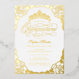 Invitación Con Relieve Metalizado Royal Gold Elegante Quinceañera Script