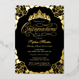 Invitación Con Relieve Metalizado Royal Gold Negro Script Quinceañera