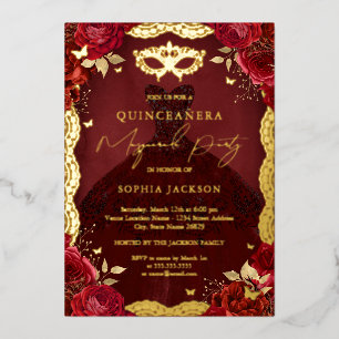 Invitación Con Relieve Metalizado Royal Masquerade Fiesta Red Gold Gown Quinceanera