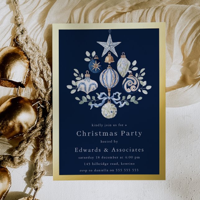 Invitación Con Relieve Metalizado Royal Navy Blue & Gold Border Christmas Party (Subido por el creador)