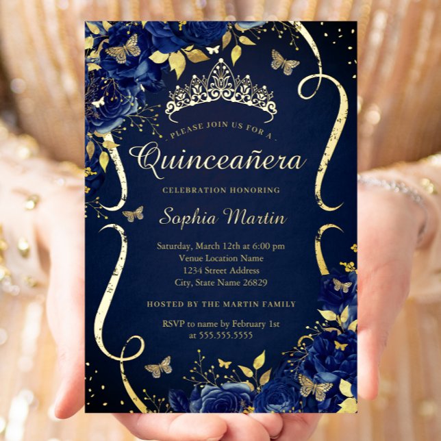 Invitación Con Relieve Metalizado Royal Navy Gold Floral Butterfly Tiara Quinceanera (Subido por el creador)